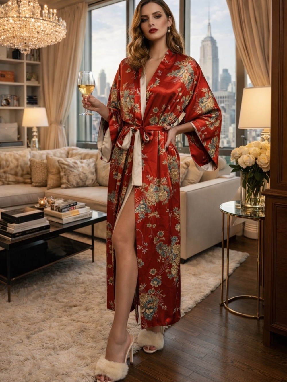 Vintage /Paris Red Floral Satin Kimono Robe with Tie Belt